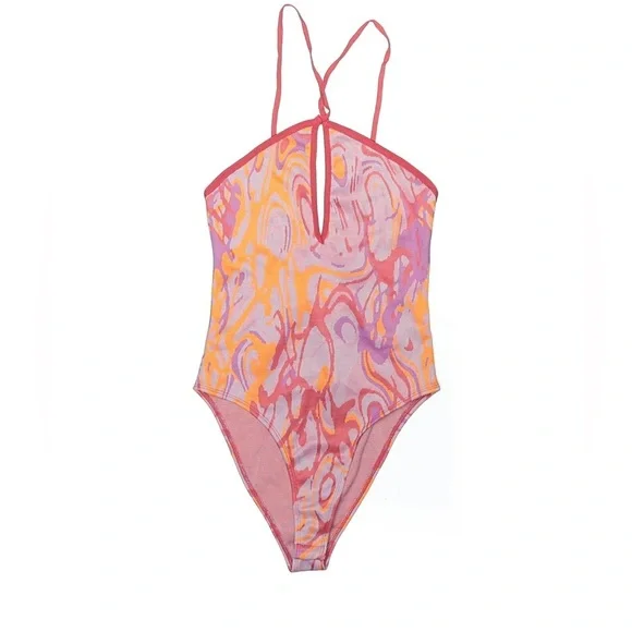 Zara Retro Swirl Halter Bodysuit NWT Pink Orange Jacquard Keyhole Size S - Picture 2 of 6